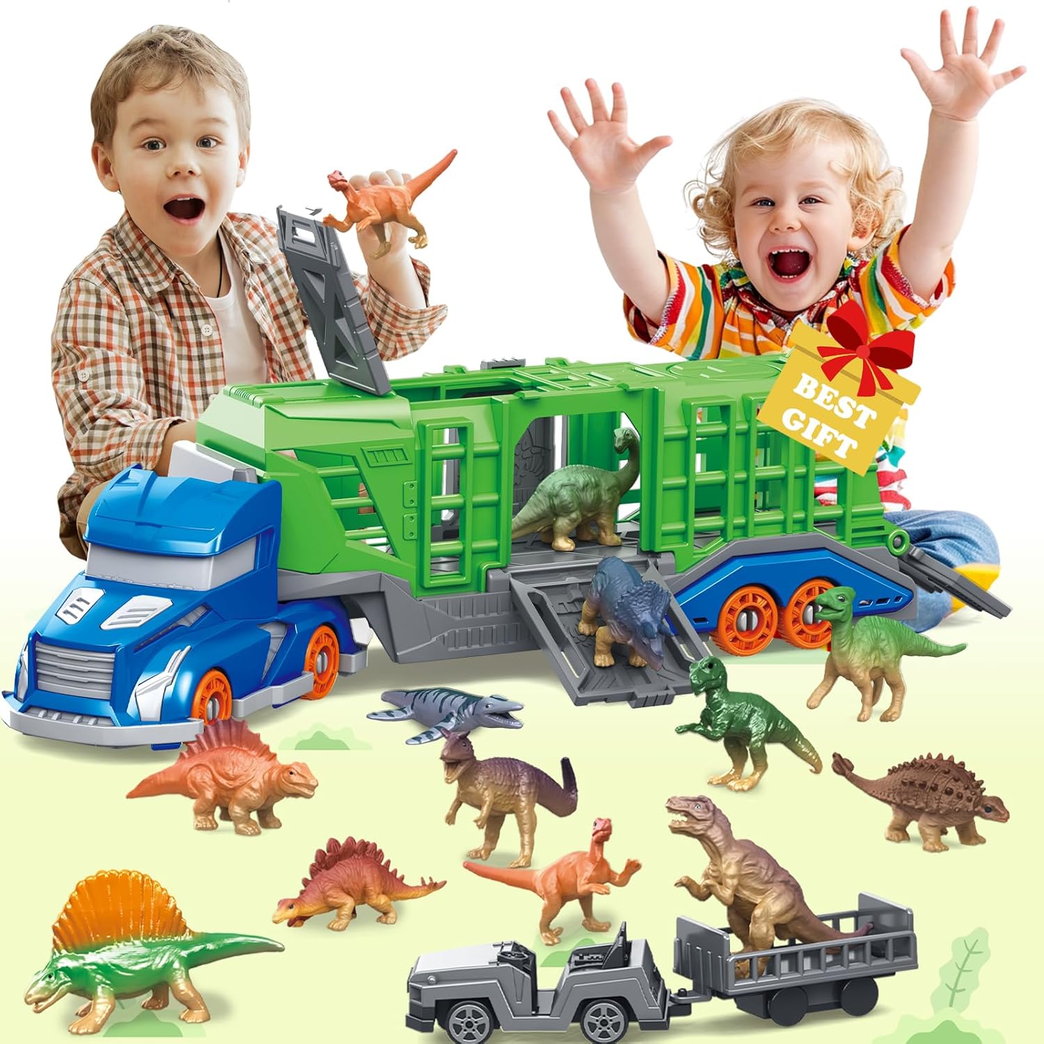 Dinosaur Figurine Set - Dinosaurier-Transportfahrzeug-Spielzeugset enthält 1 Transportfahrzeug, 12 Dinosaurier
