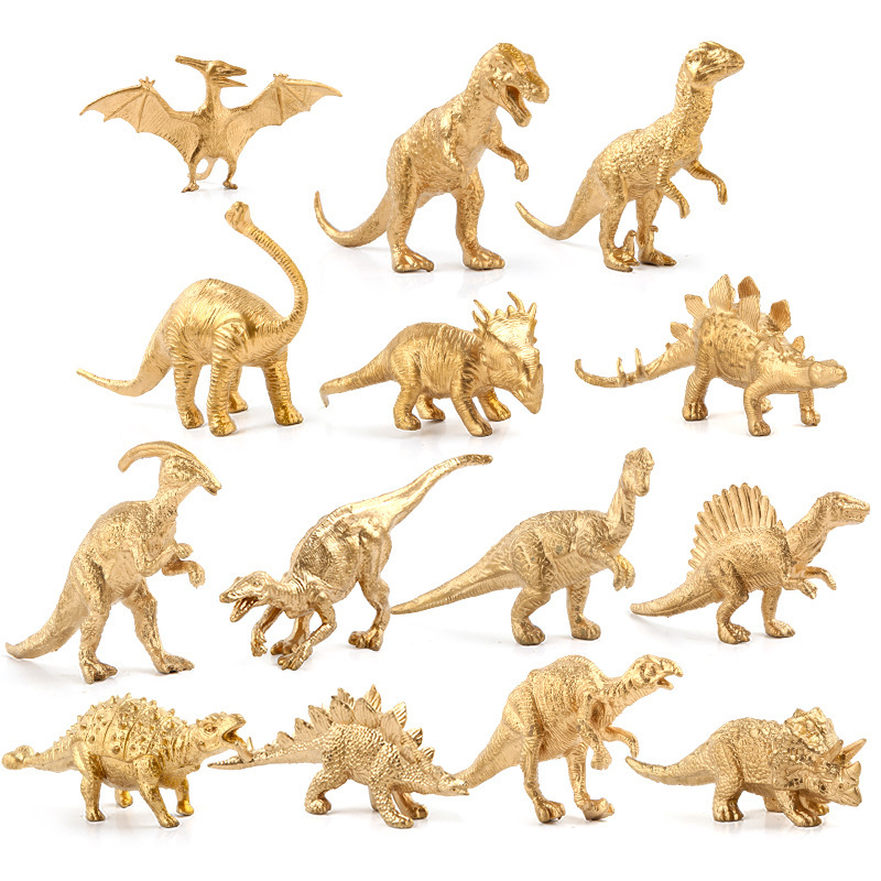 Dinosaur Figurine Set - 14-teiliges goldenes Dinosaurier-Modell-Set Tyrannosaurus Pterodactyl Geburtstags-Dinosaurier-Party-Dekorationsspielzeug